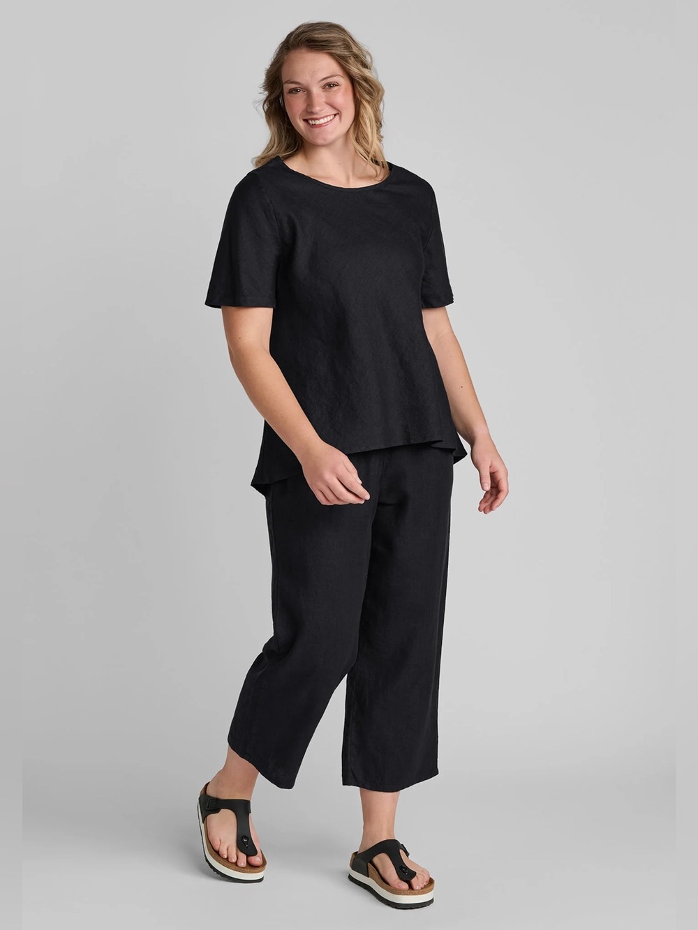 FLAX 100% Linen 2 Piece Top/Pants Classic Set Black Size P 4-6 Lagenlook